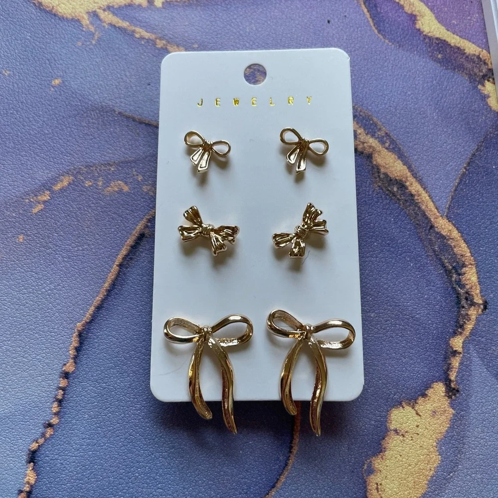 Gold Tone Bow Stud Earrings Set Women Jewelry‎ Set